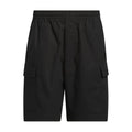 Men's black woven cargo shorts with elastic waist and side cargo pockets