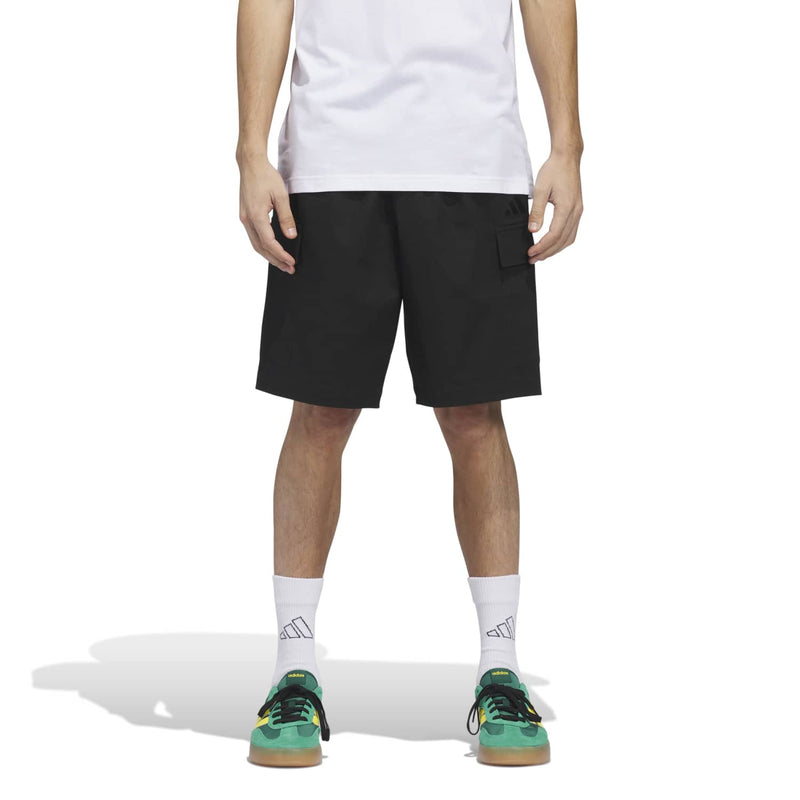 Men's black cargo shorts, back view, elastic waistband and cargo pockets