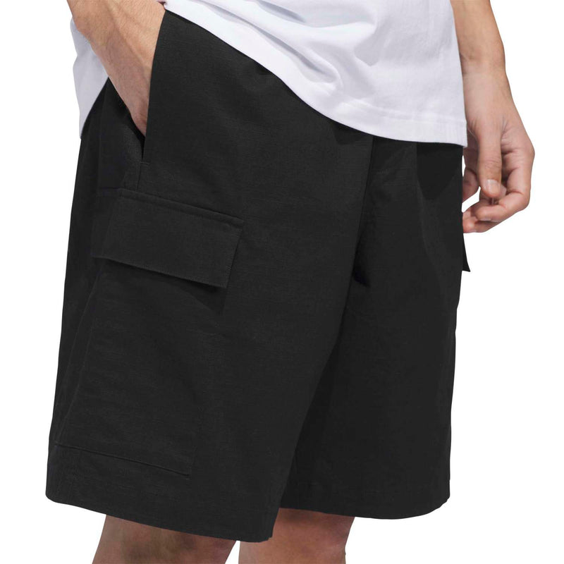 Black cargo shorts with flap cargo pockets and utility-style front pockets