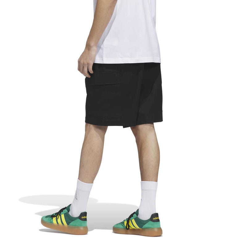Men's black cargo shorts, side view, knee-length with cargo pockets
